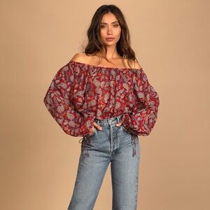 Free People Sundown Rust Red Paisley Print Off-the-Shoulder Bodysuit